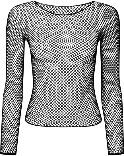 LONG SLEEVE FISHNET TOP Blouse T Shirt Tee Costume Party See Through - Black