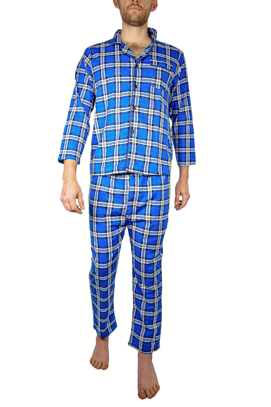 Mens Flannelette Pyjama Set Sleepwear Soft 100% Cotton PJs Two Piece Pajamas - Blue - 3XL