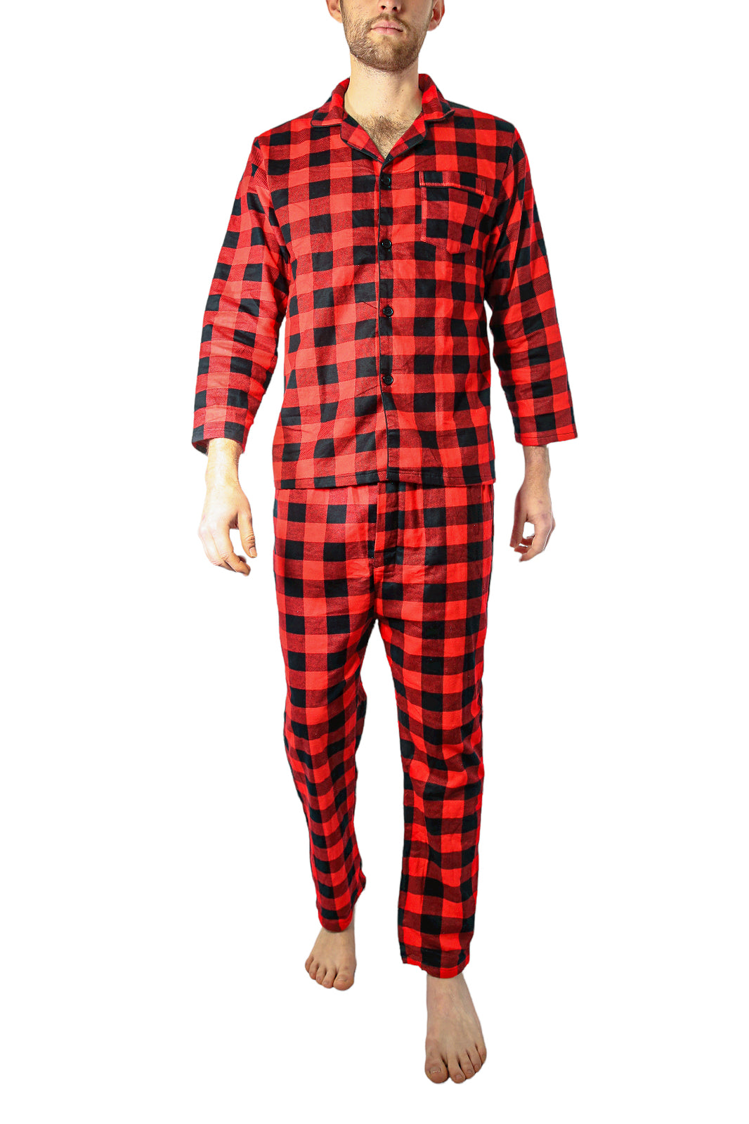 Mens Flannelette Pyjama Set Sleepwear Soft 100% Cotton PJs Two Piece Pajamas - Red - 5XL