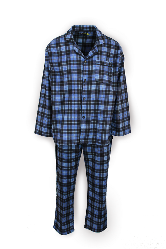 Mens Flannelette Pyjama Set Sleepwear Soft 100% Cotton PJs - Blue Check - 5XL
