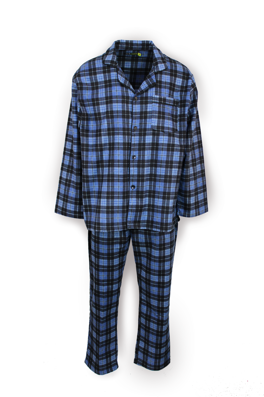 Mens Flannelette Pyjama Set Sleepwear Soft 100% Cotton PJs - Blue Check - M