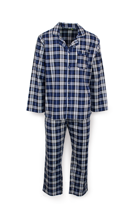 Mens Flannelette Pyjama Set Sleepwear Soft 100% Cotton PJs - Blue Check - XL