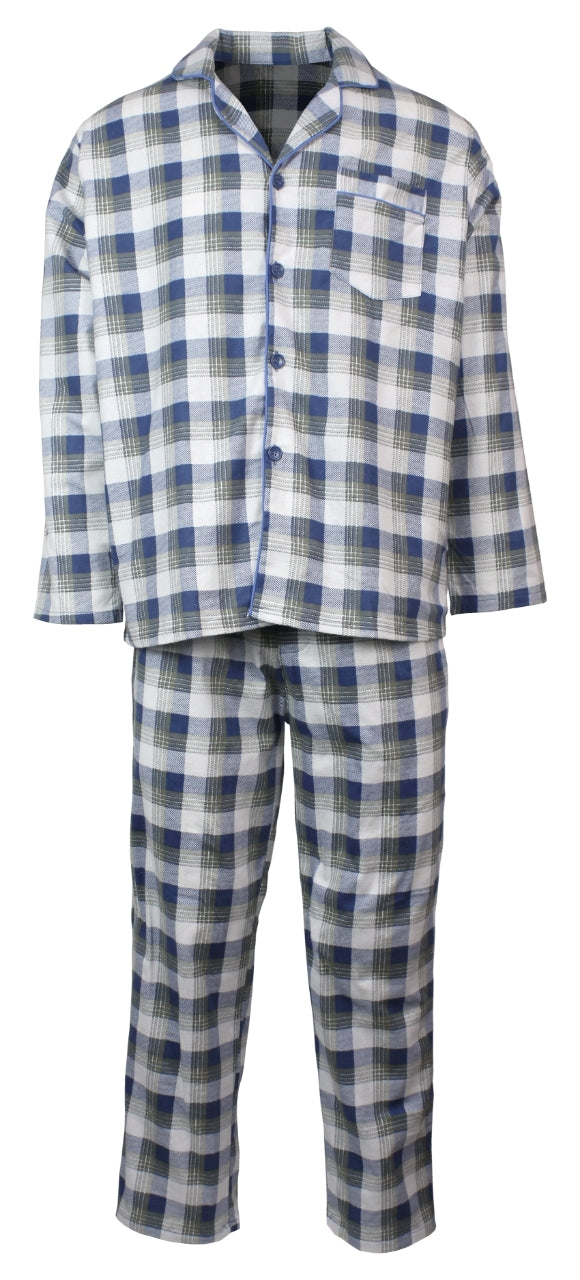 Mens Flannelette Pyjama Set Sleepwear Soft 100% Cotton PJs Two Piece - Light Blue Check - XL