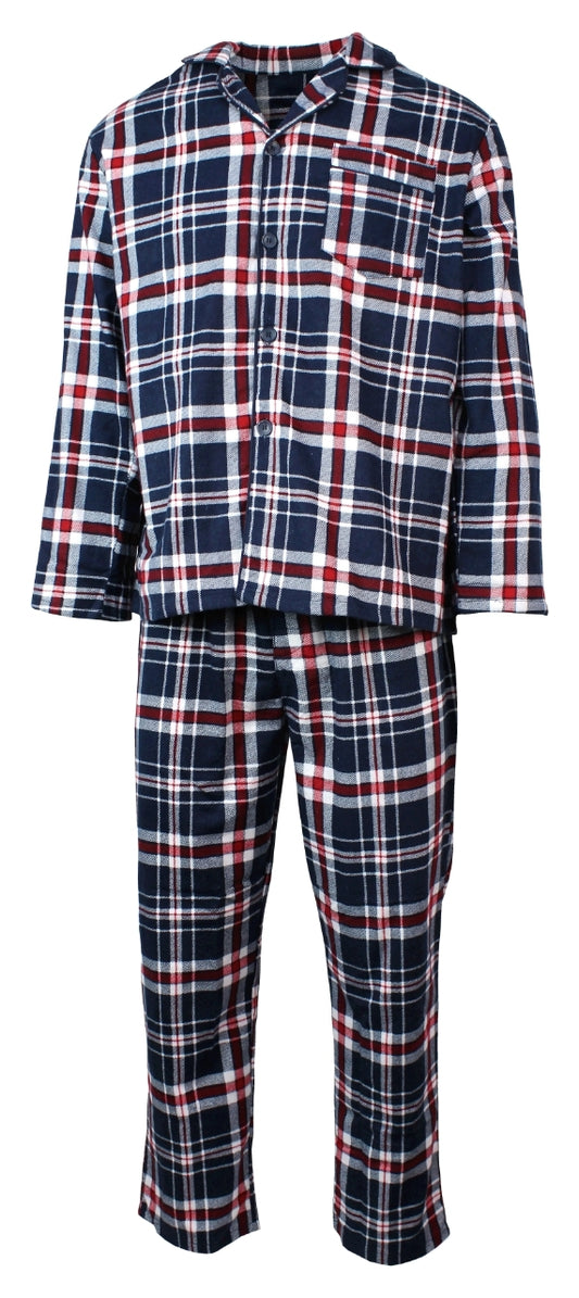 Mens Flannelette Pyjama Set Sleepwear Soft 100% Cotton PJs Two Piece - Navy/Red Check - M