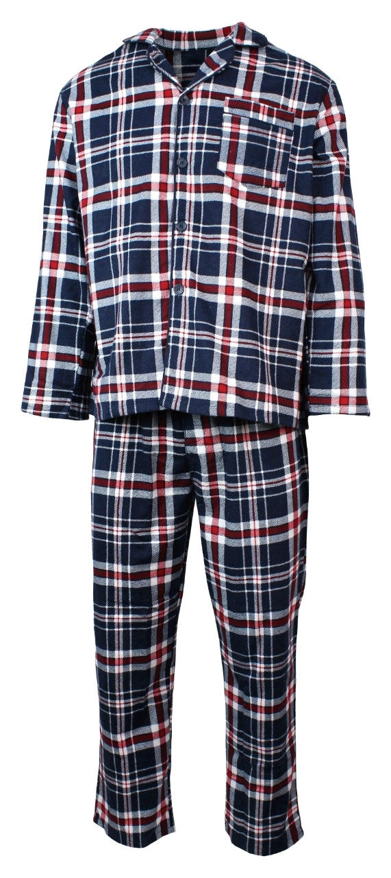 Mens Flannelette Pyjama Set Sleepwear Soft 100% Cotton PJs Two Piece - Navy/Red Check - M