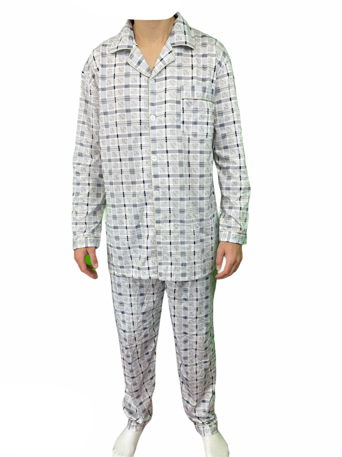 Mens Cotton Pajamas Pyjamas PJs Long Sleeve Shirt Tops + Pants Set Sleepwear - White/Blue - XL