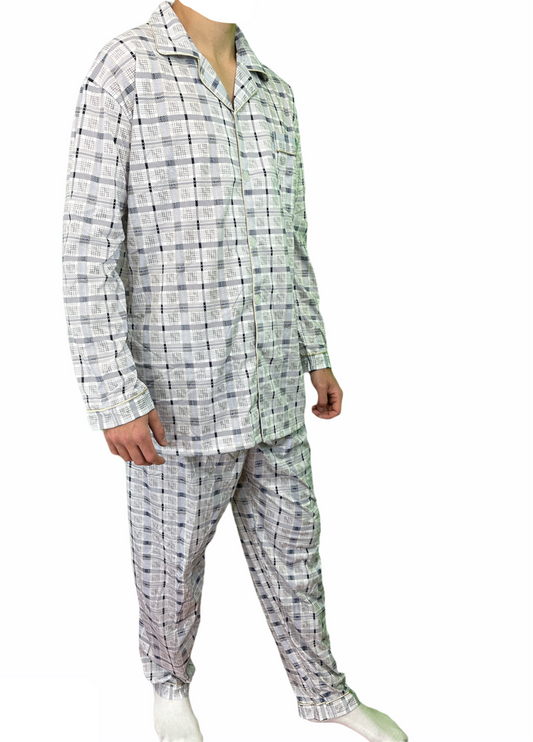 Mens Cotton Pajamas Pyjamas PJs Long Sleeve Shirt Tops + Pants Set Sleepwear - White/Blue - XXL
