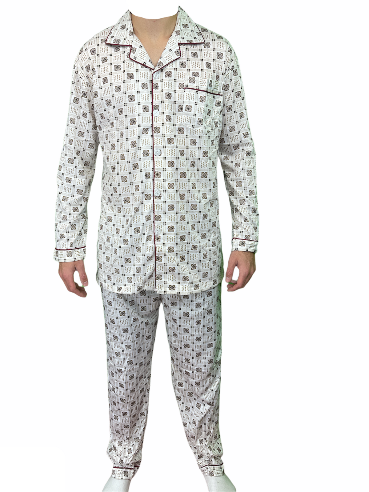 Mens Cotton Pajamas Pyjamas PJs Long Sleeve Shirt Tops + Pants Set Sleepwear - White/Brown - S