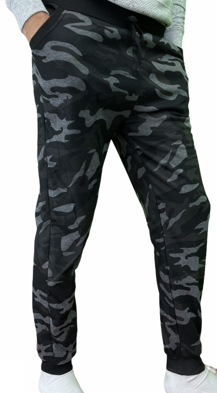 Mens Camouflage Track Pants Fleece Lined Jogger Camo Sweatpants Trackies - Black/Grey - Small/Medium (28""-32"")