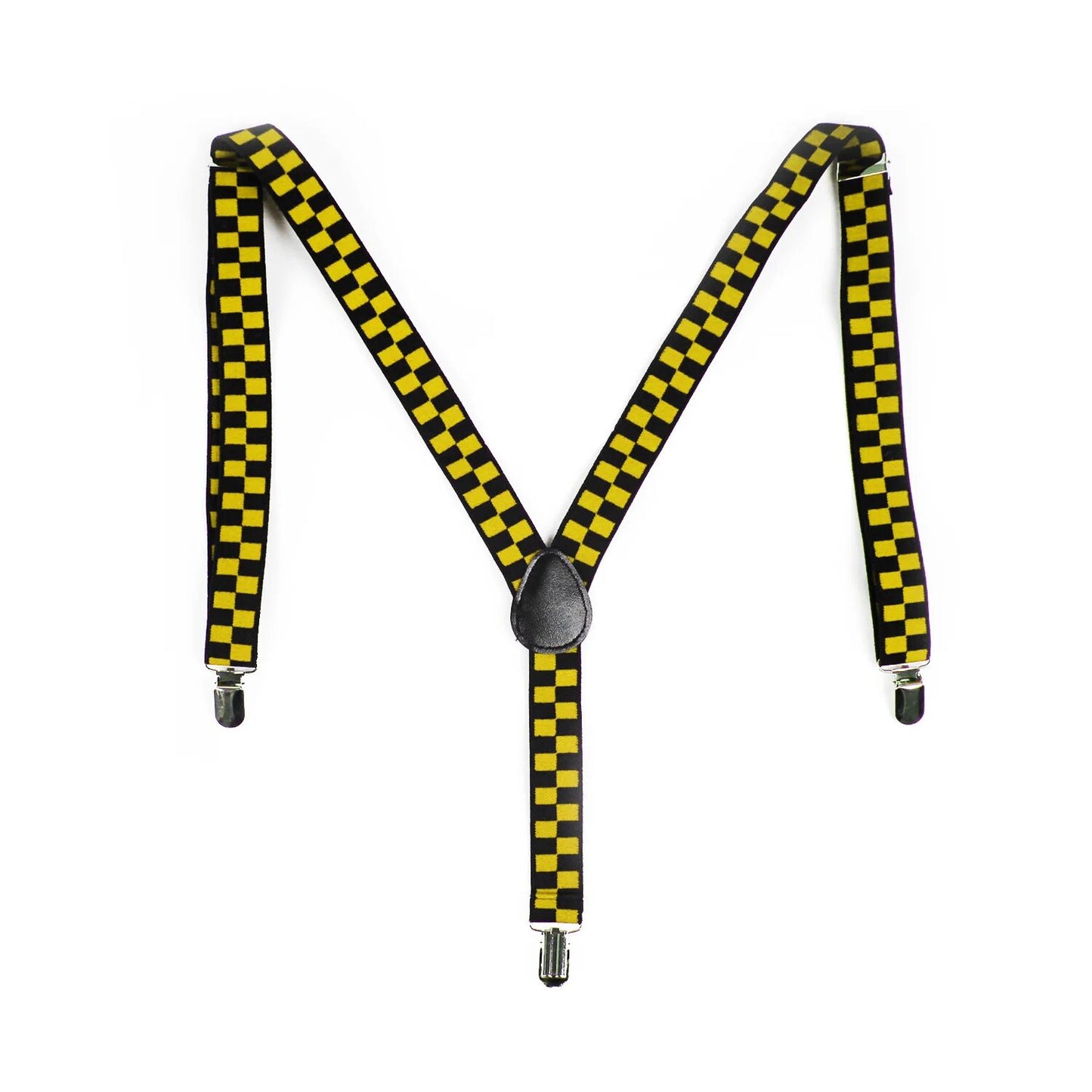 Mens Suspenders Braces Adjustable Strong Clip On Elastic Formal Wedding Slim - Black/Yellow Check