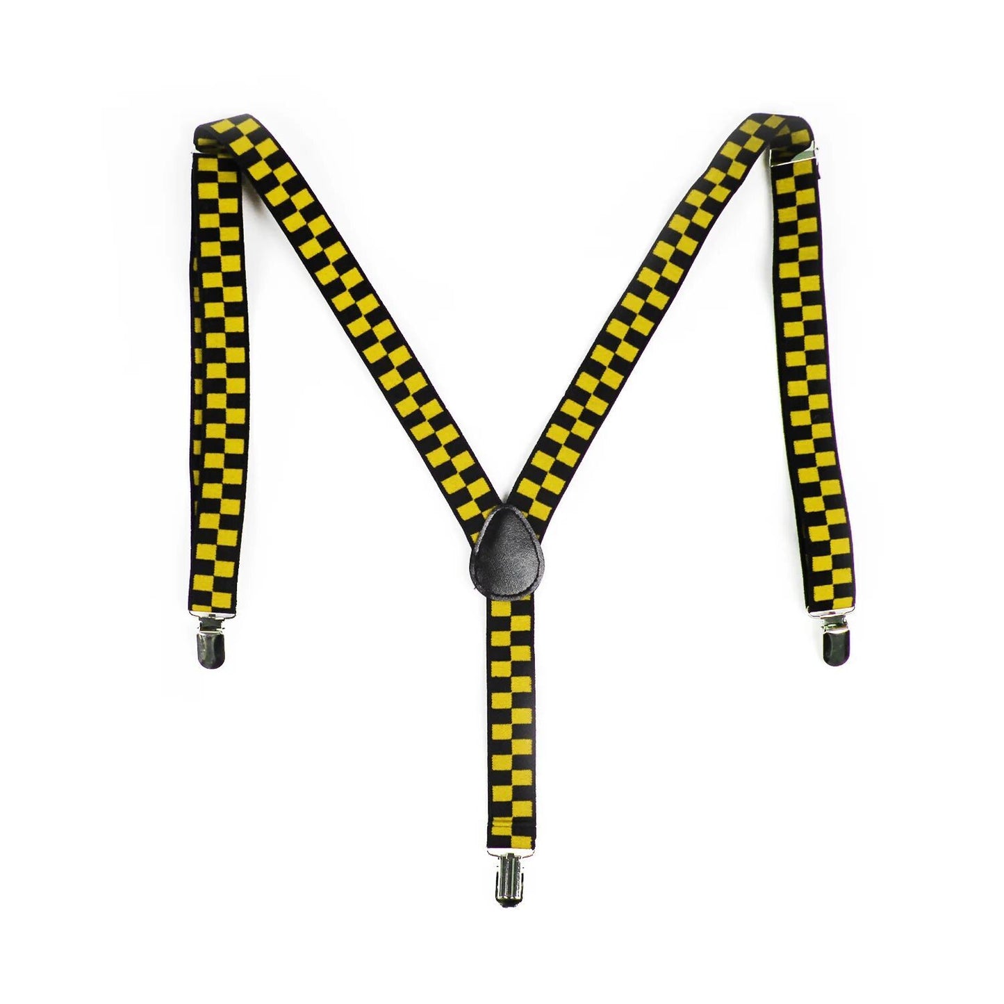 Mens Suspenders Braces Adjustable Strong Clip On Elastic Formal Wedding Slim - Black/Yellow Check
