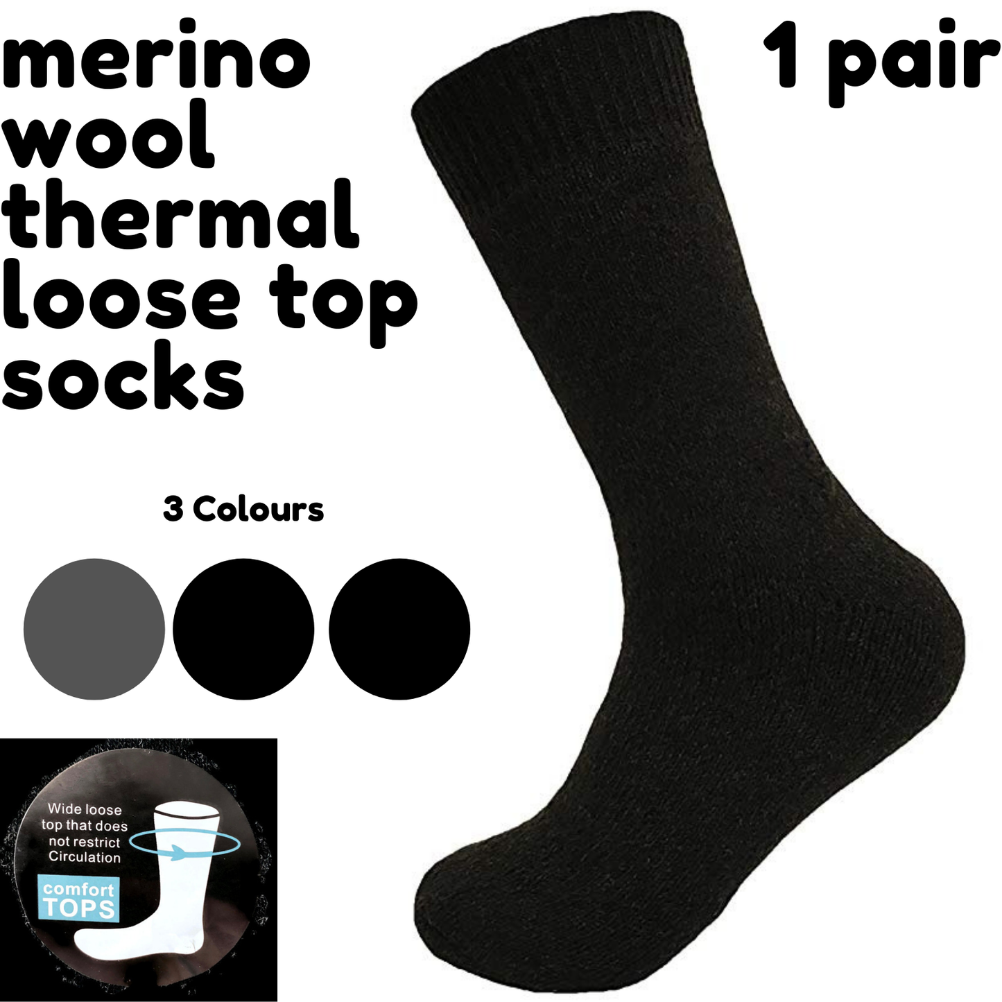 Merino Wool Mens Loose Top Thermal Socks Diabetic Comfort Circulation - 1 Pair - Navy - 2-8
