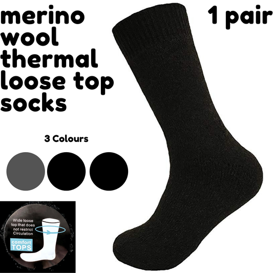 Merino Wool Mens Loose Top Thermal Socks Diabetic Comfort Circulation - 1 Pair - Navy - 2-8