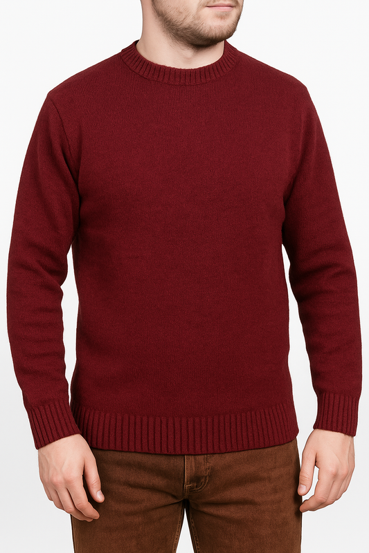 100% SHETLAND RAGG WOOL CREW Round Neck Knit JUMPER Pullover Mens Sweater Knitted - Burgundy - 6XL