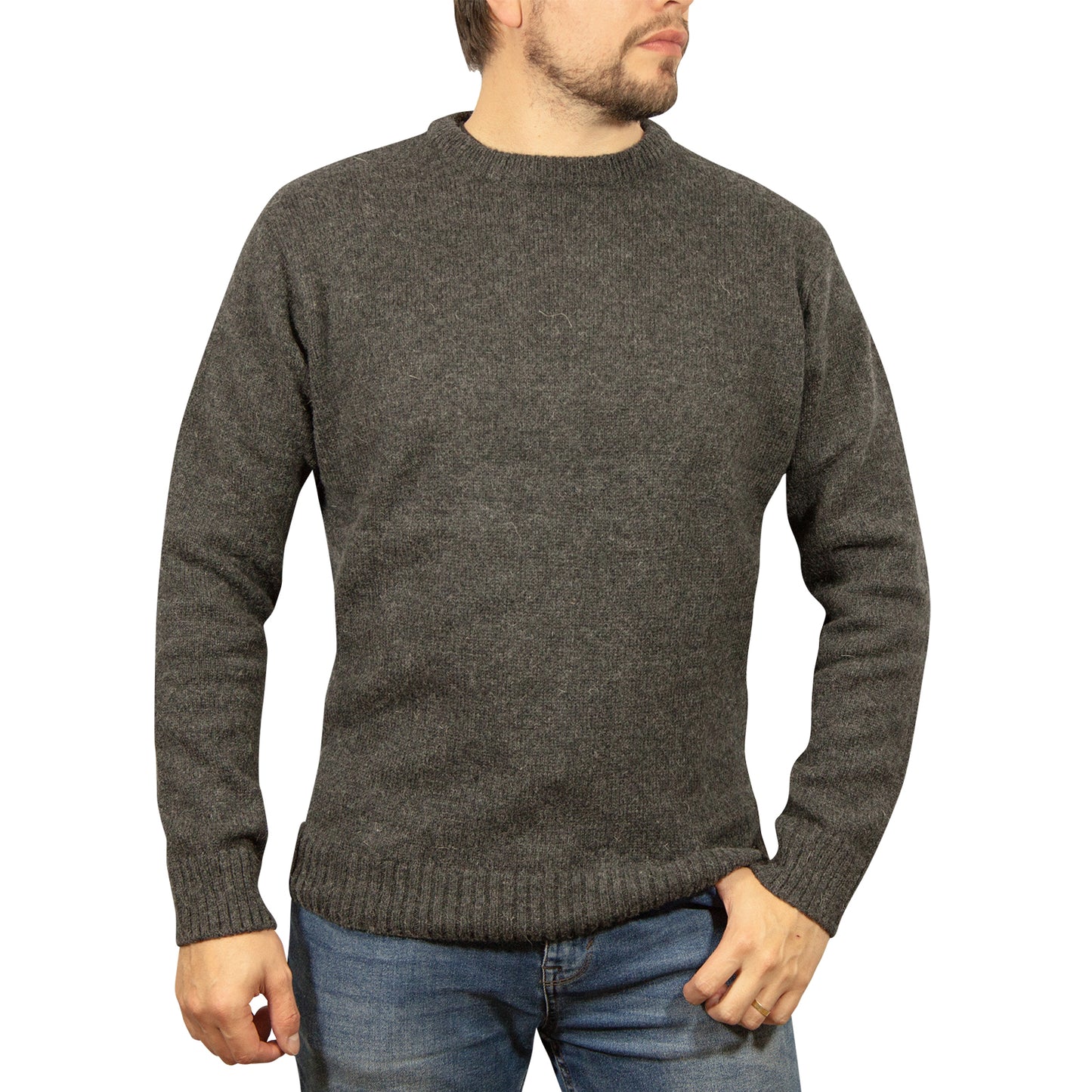Mens 100% Shetland Ragg Wool Round Neck Knit Jumper Pullover Crew Sweater - Charcoal (29) - S
