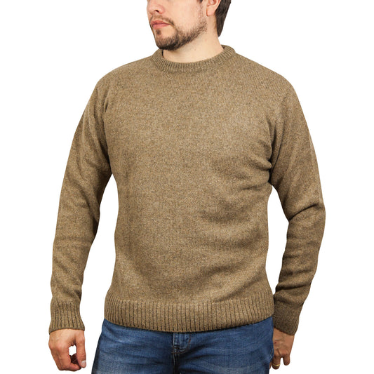 100% SHETLAND RAGG WOOL CREW Round Neck Knit JUMPER Pullover Mens Sweater Knitted - Nutmeg - S