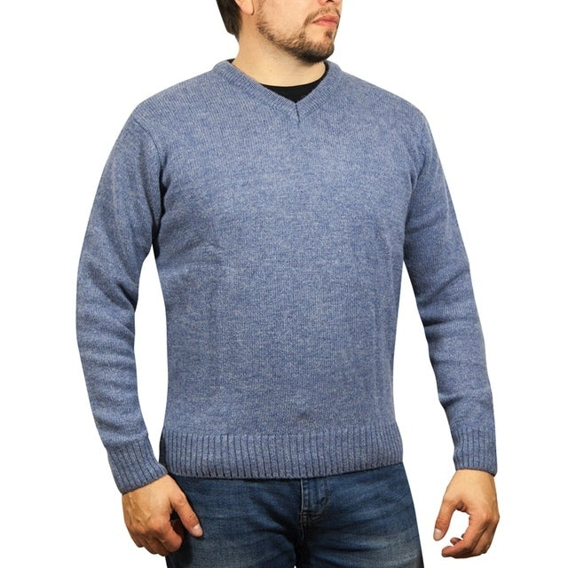 100% Shetland Ragg Wool V Neck Knit Jumper Pullover Mens Sweater Knitted - Sky - 4XL