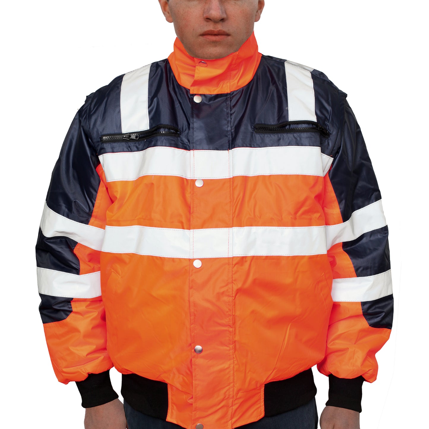 3-in-1 Hi Vis Quilted Safety Bomber Jacket Waterproof Reflective Workwear - Orange/Navy - XXL