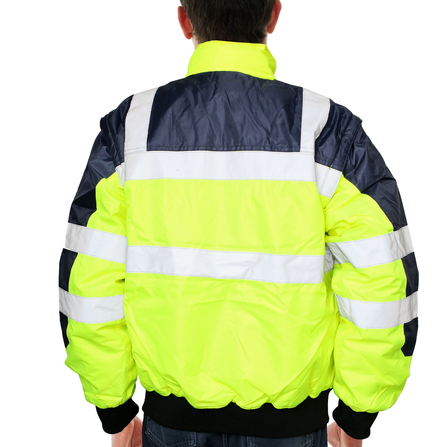 3-in-1 Hi Vis Quilted Safety Bomber Jacket Waterproof Reflective Workwear - Yellow/Navy - L