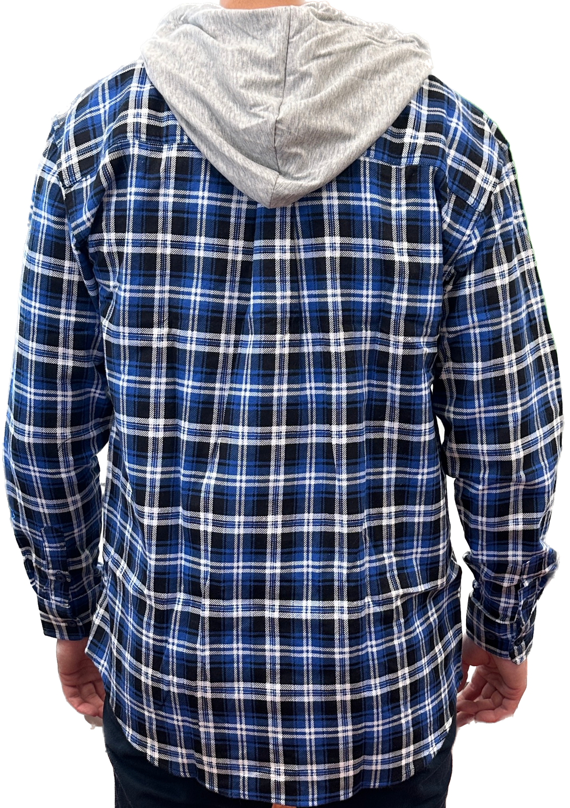 Mens Cotton Flannelette Shirt w Jersey Hood Long Sleeve Flannel - Denim - L