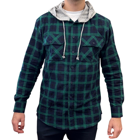 Mens Cotton Flannelette Shirt w Jersey Hood Long Sleeve Flannel - Green - S