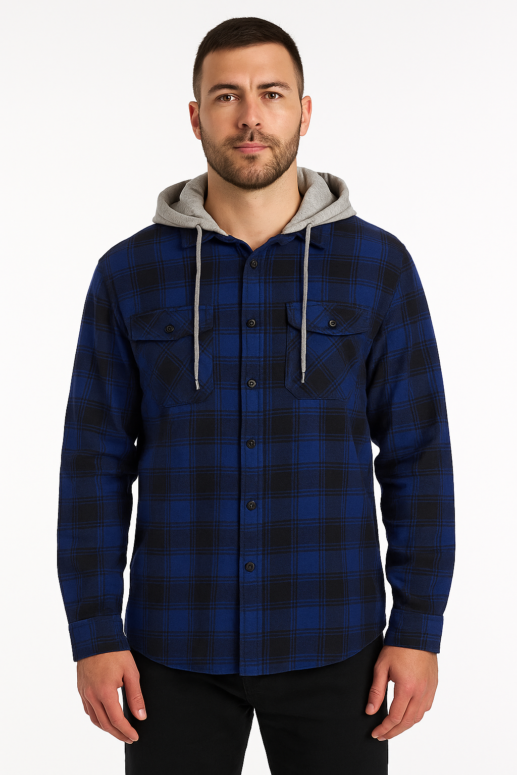 Mens Cotton Flannelette Shirt w Jersey Hood Long Sleeve Flannel - Royal Blue - S