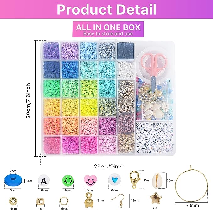 28 Colors 6380pcs 6mm Flat Round Heishi Polymer Clay Jewelry Making Kit Bead Smiley Face Beads Set