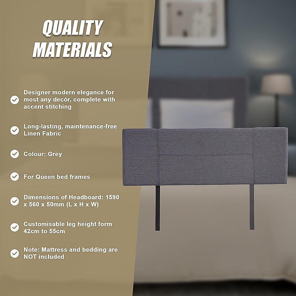 Linen Fabric Queen Bed Headboard Bedhead - Grey