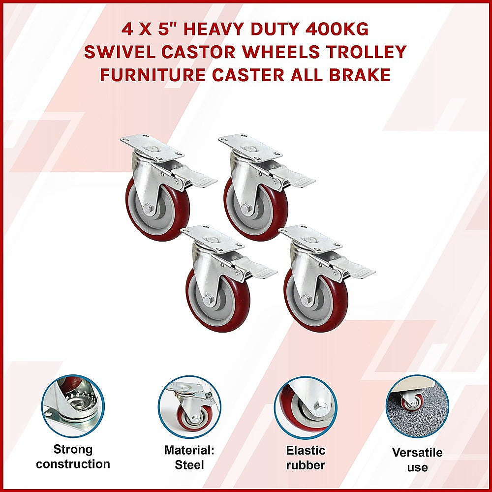 4 X 5 Heavy Duty 400kg Swivel Castor Wheels Trolley Furniture Caster All Brake