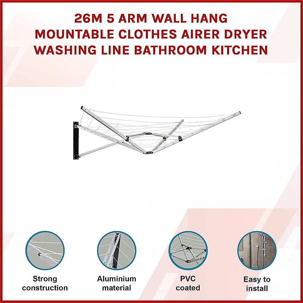 26m 5 Arm Wall Hang Mountable Clothes Airer Dryer Washing Line Bathroom Kitchen