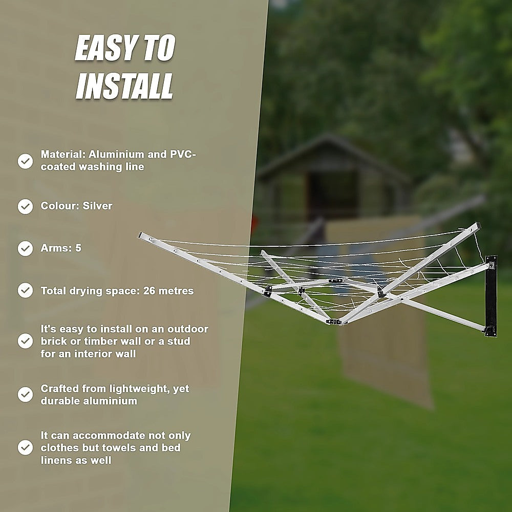 26m 5 Arm Wall Hang Mountable Clothes Airer Dryer Washing Line Bathroom Kitchen