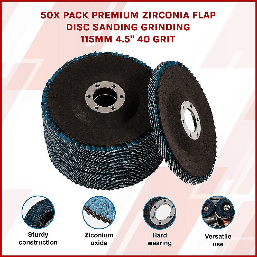 50x Pack Premium Zirconia Flap Disc Sanding Grinding 115mm 4.5 40 Grit