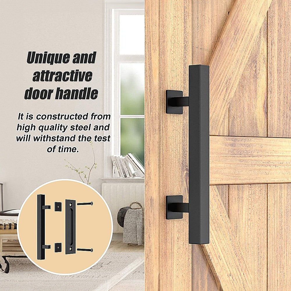 12 Square Pull and Flush Door Handle Set Black Barn Door Hardware