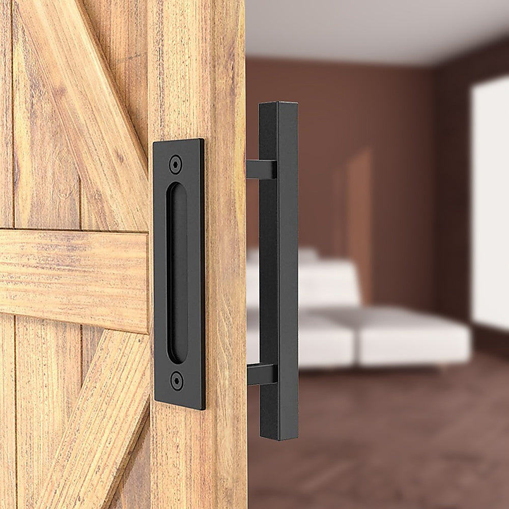 12 Square Pull and Flush Door Handle Set Black Barn Door Hardware