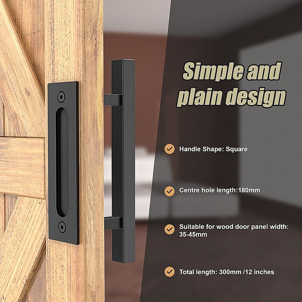 12 Square Pull and Flush Door Handle Set Black Barn Door Hardware