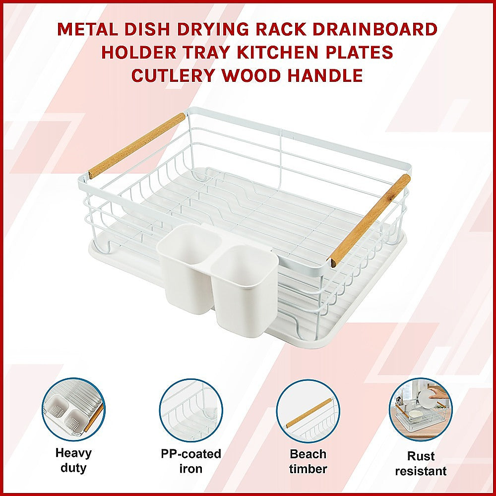 Metal Dish Drying Rack Drainboard Holder Tray Kitchen Plates Cutlery Wood Handle