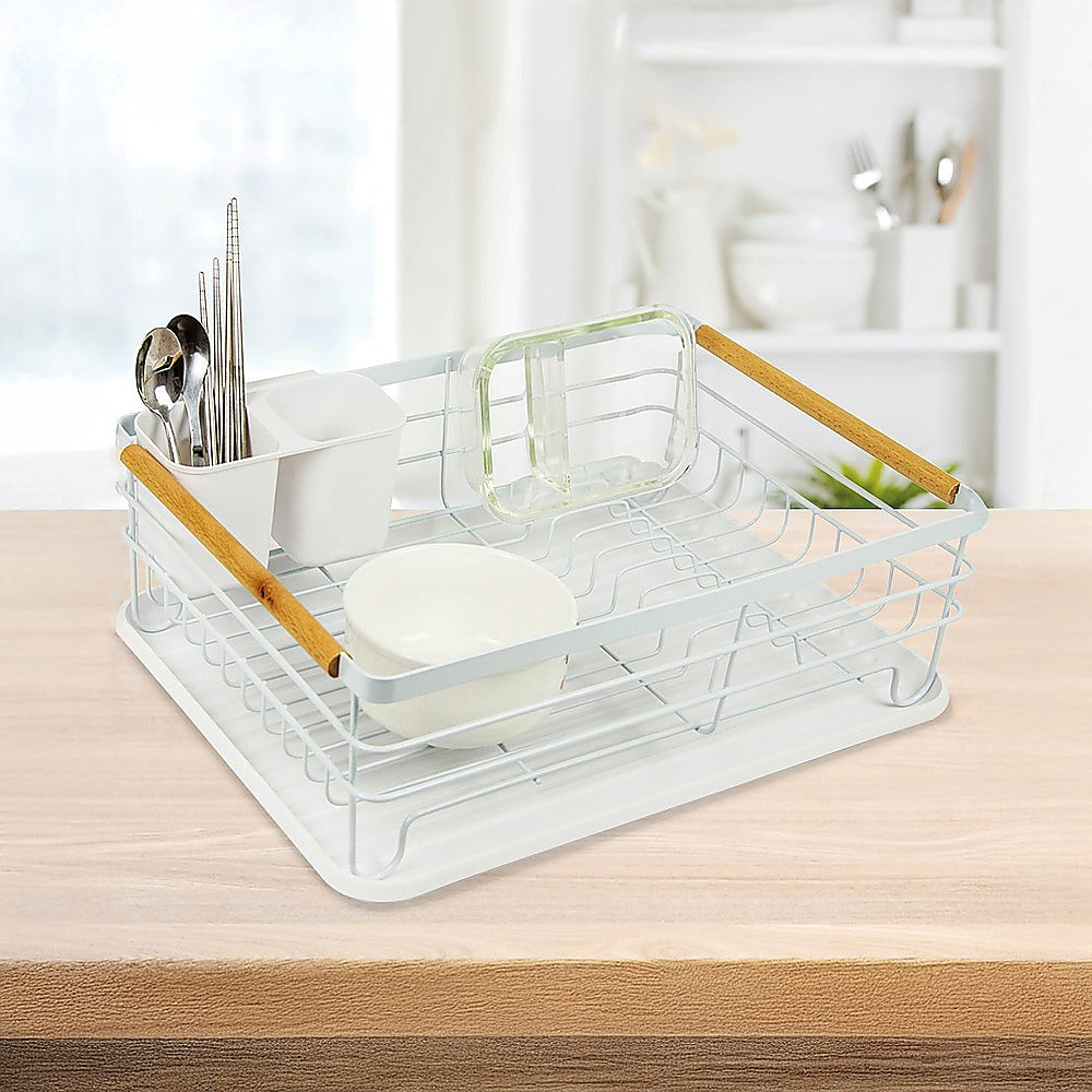 Metal Dish Drying Rack Drainboard Holder Tray Kitchen Plates Cutlery Wood Handle