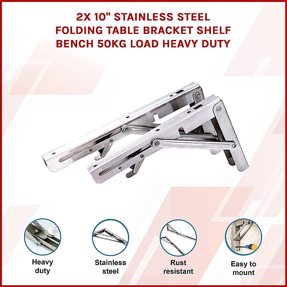 2x 10 Stainless Steel Folding Table Bracket Shelf Bench 50kg Load Heavy Duty