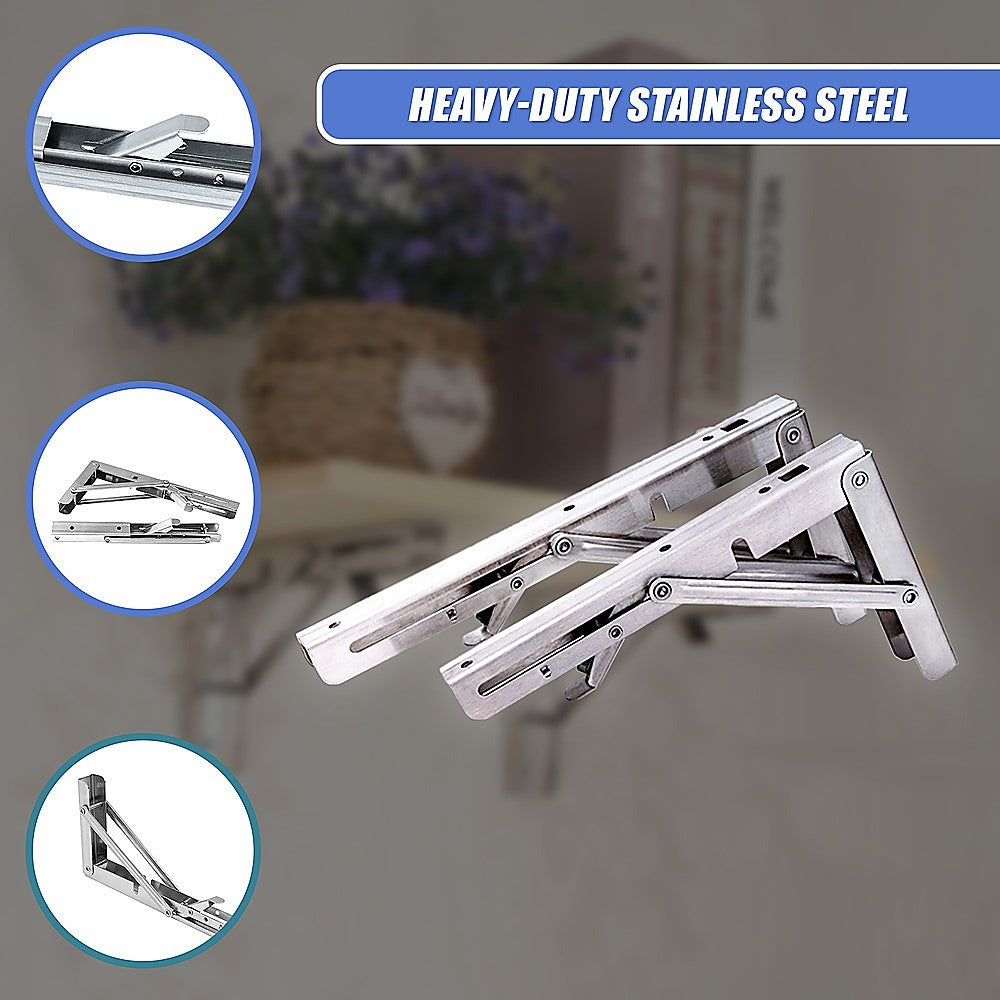 2x 10 Stainless Steel Folding Table Bracket Shelf Bench 50kg Load Heavy Duty