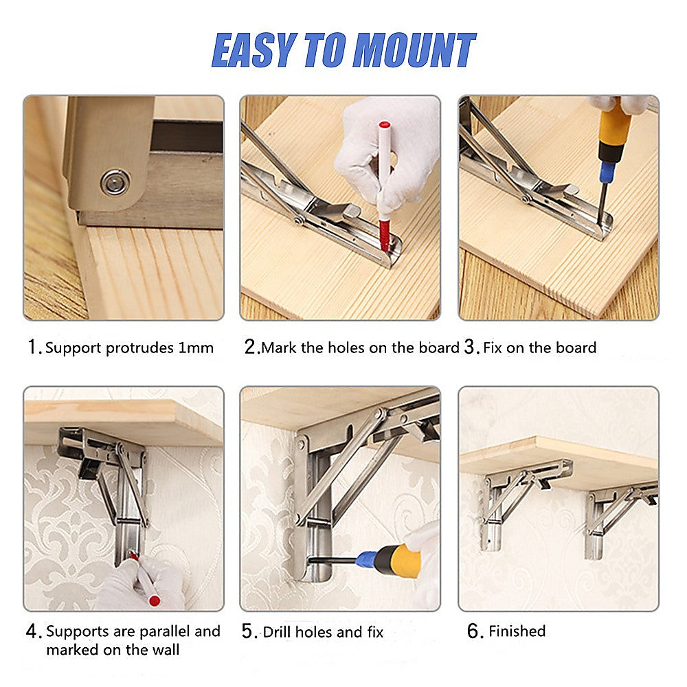 2x 10 Stainless Steel Folding Table Bracket Shelf Bench 50kg Load Heavy Duty