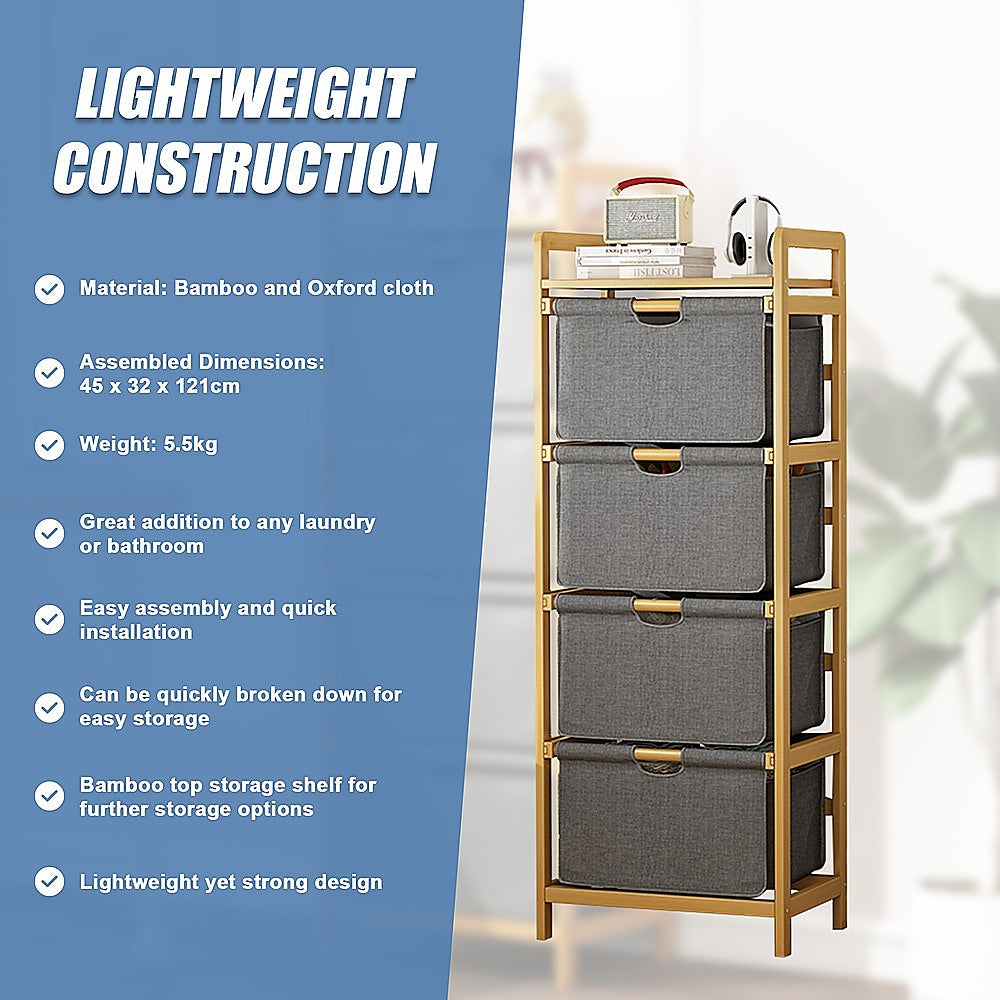 Bamboo Shelf with Storage Hamper - Wooden Bamboo Removable Bags