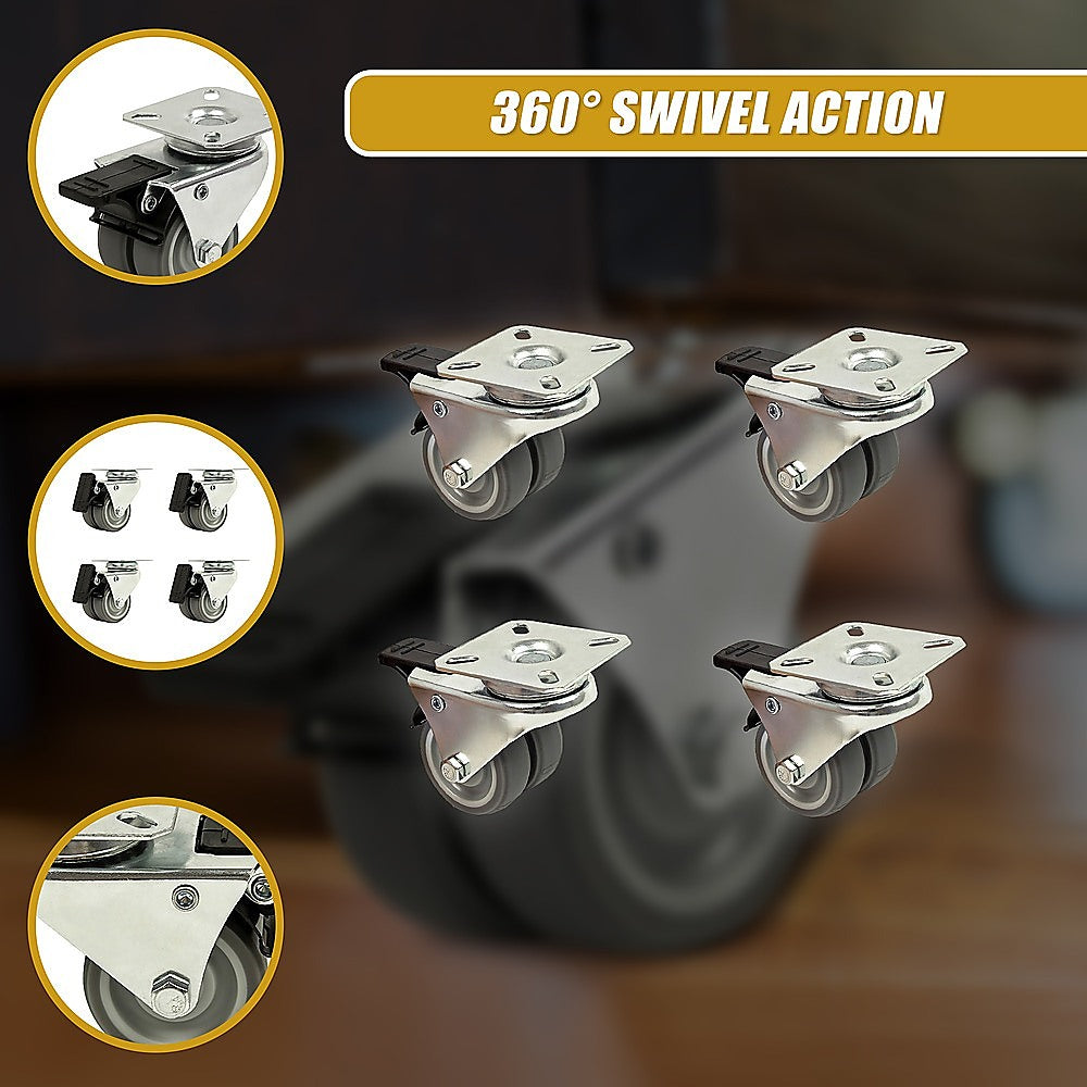 4 x 2 Heavy Duty Swivel Double Wide Castor Wheels Trolley 50mm Furniture Rubber With Brake