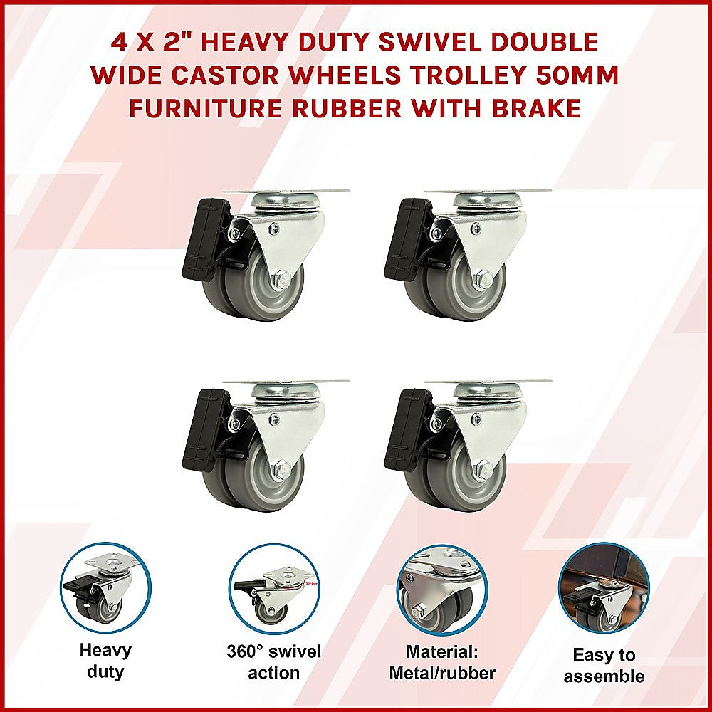 4 x 2 Heavy Duty Swivel Double Wide Castor Wheels Trolley 50mm Furniture Rubber With Brake