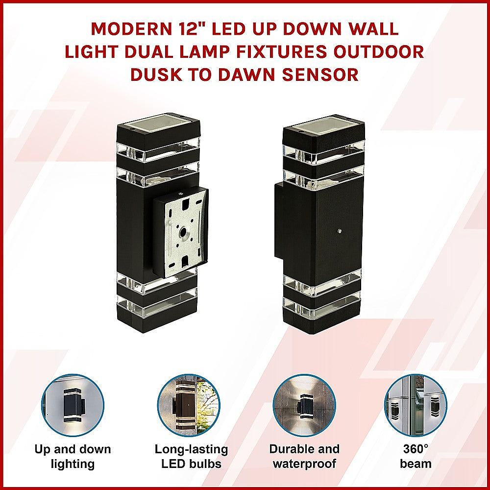 Modern 12 LED Up Down Wall Light dual Lamp Fixtures Outdoor Dusk to Dawn Sensor