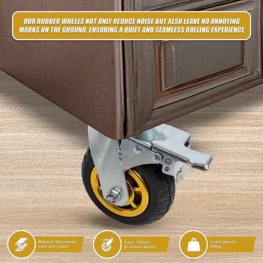 Castor Wheels 4 x 6 150mm Swivel Silent Caster 2 Brakes 800KG
