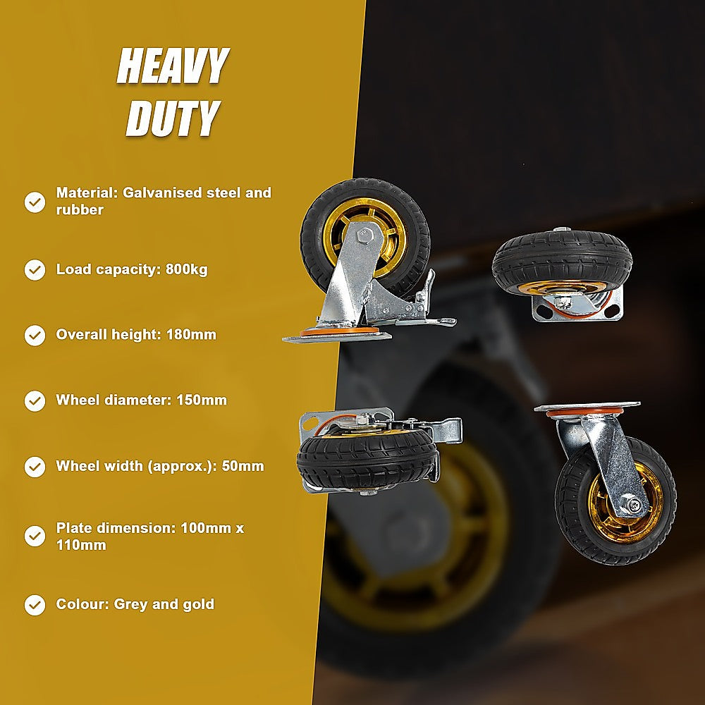 Castor Wheels 4 x 6 150mm Swivel Silent Caster 2 Brakes 800KG