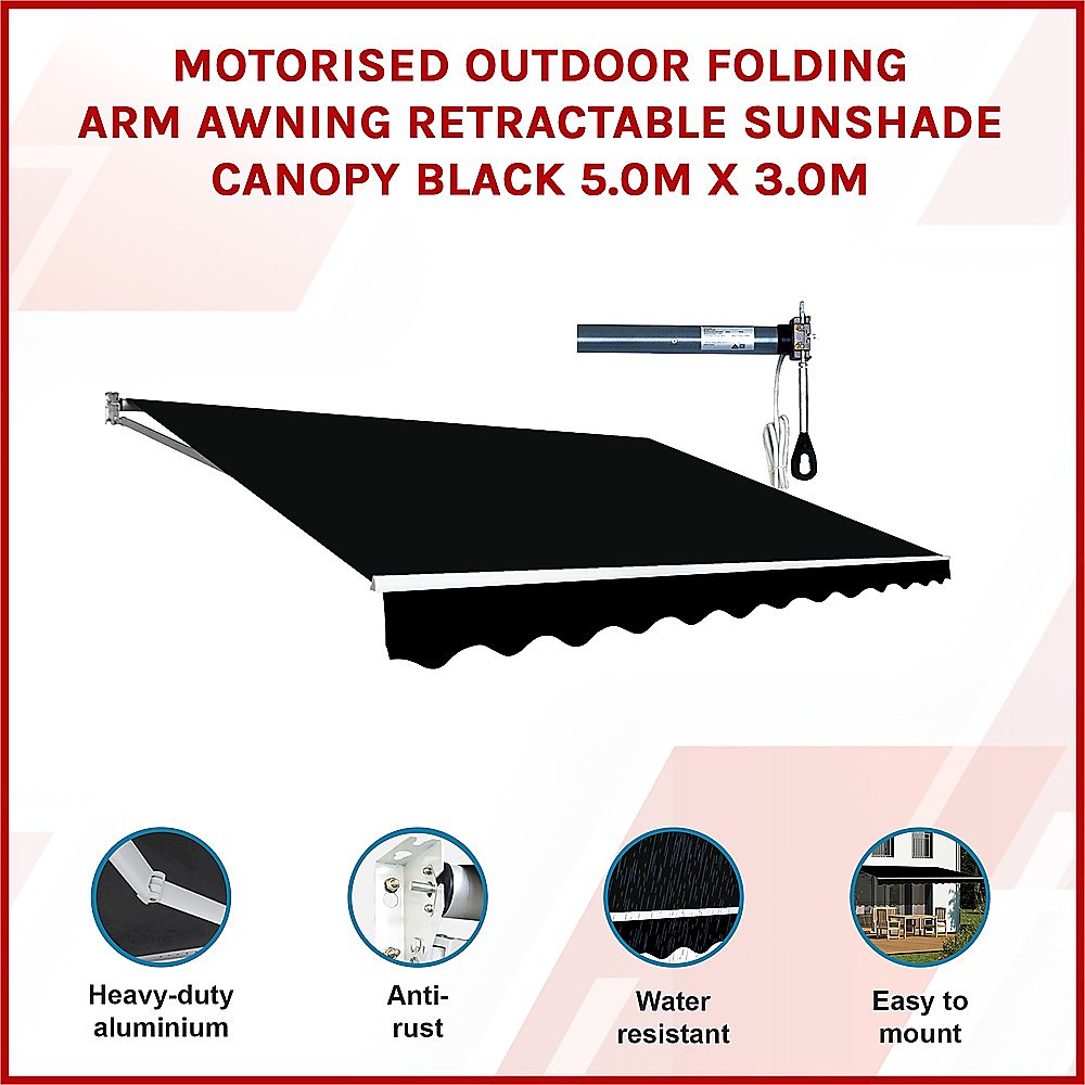 Motorised Outdoor Folding Arm Awning Retractable Sunshade Canopy Black 5.0m x 3.0m