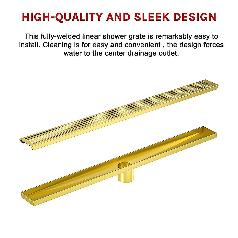 900mm Bathroom Shower Brushed Brass Grate Drain w/ Centre outlet Floor Waste Square Pattern