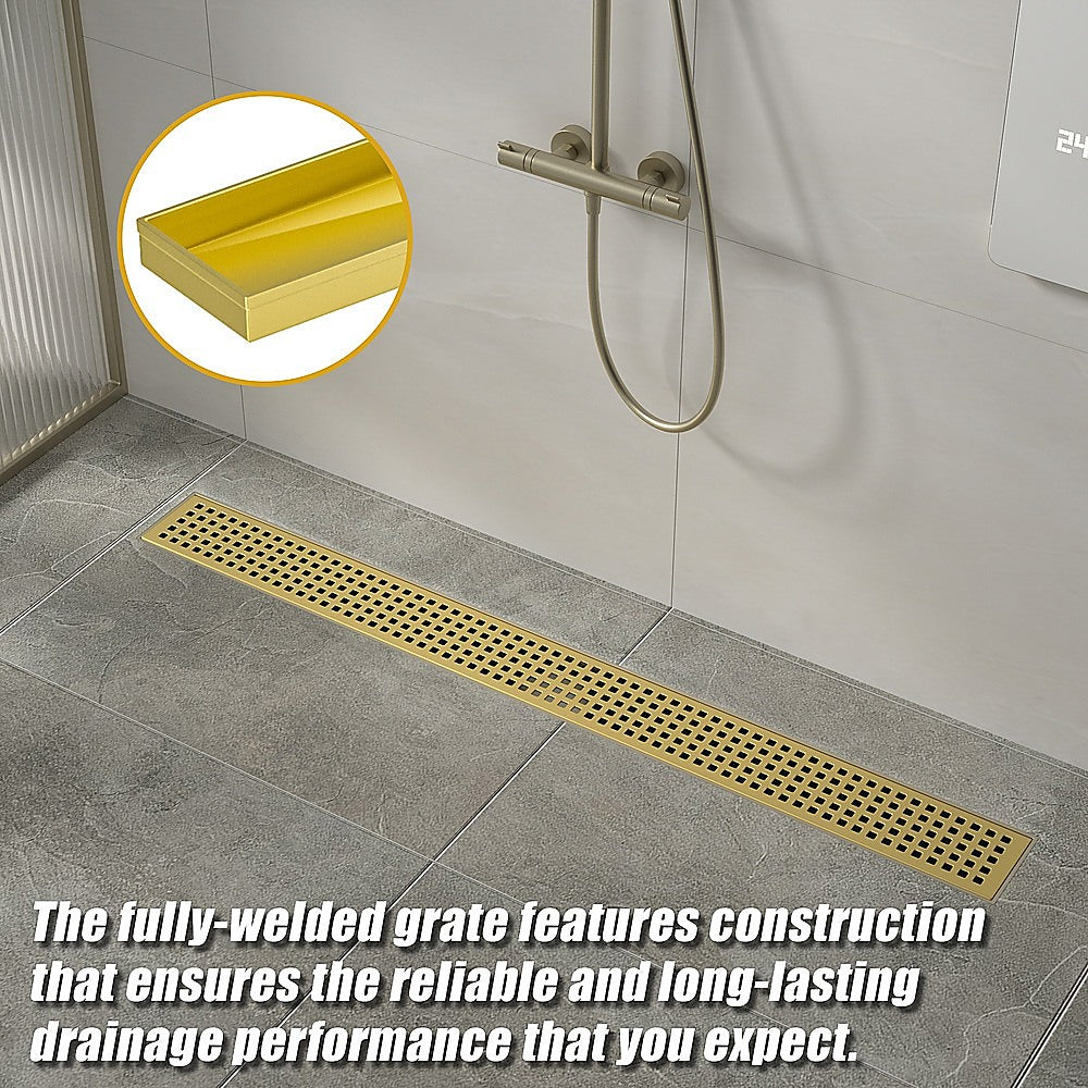 900mm Bathroom Shower Brushed Brass Grate Drain w/ Centre outlet Floor Waste Square Pattern