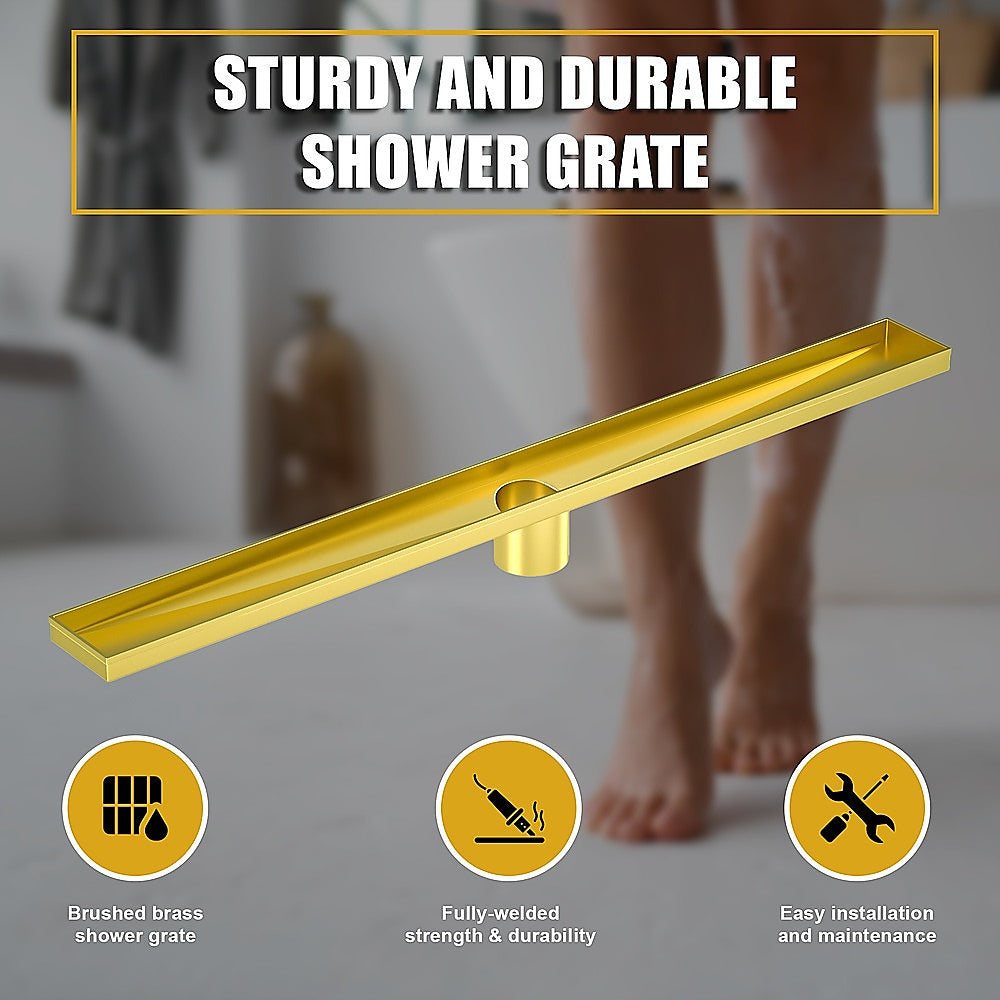 800mm Bathroom Shower Brushed Brass Grate Drain w/ Centre outlet Floor Waste